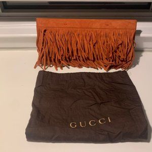 New Gucci Fringe Old Whiskey / Orange Suede Clutch Ladies Purse w/ Dustbag